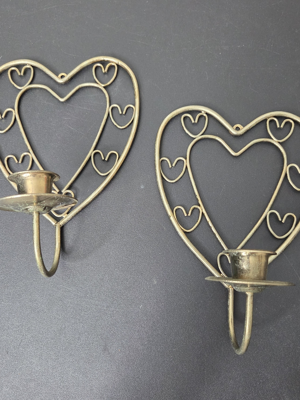 Vintage Set Of 2 Heart Shaped Wall Candle Sconces in Brass